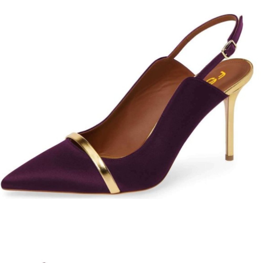 FSJ Purple Pointy Toe Gold Strap Stiletto Slingbac